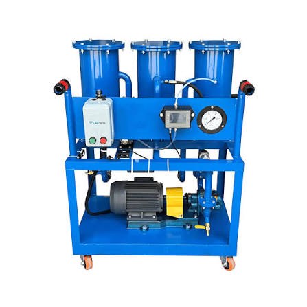 Representative image of a mobile lube oil filtration machine with three filter housings, gear pump, motor and gauges
