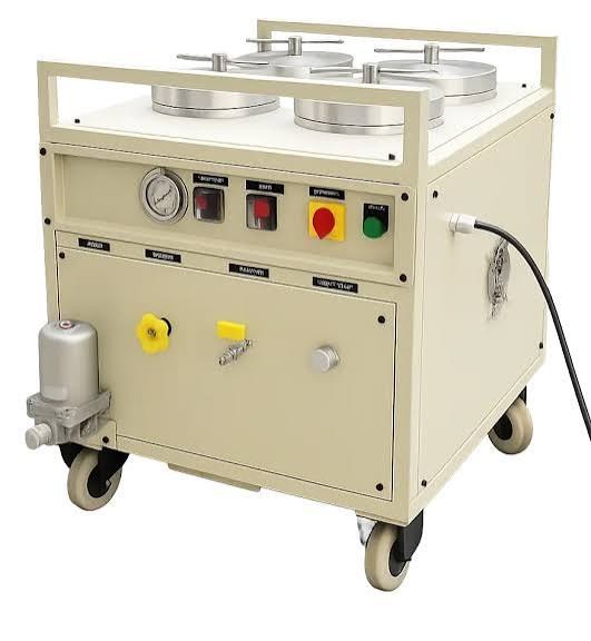 Representative image of a mobile hydraulic oil filtration machine with filter housings, gauges and control switches