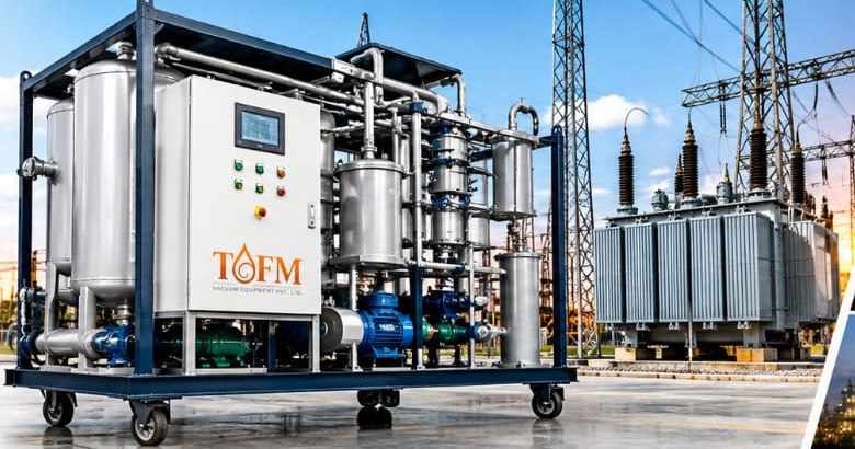 Transformer oil filtration machine working next to a substation transformer
