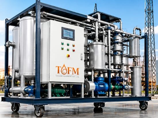 TOFM transformer oil filtration machine with vacuum chamber, filters and control panel